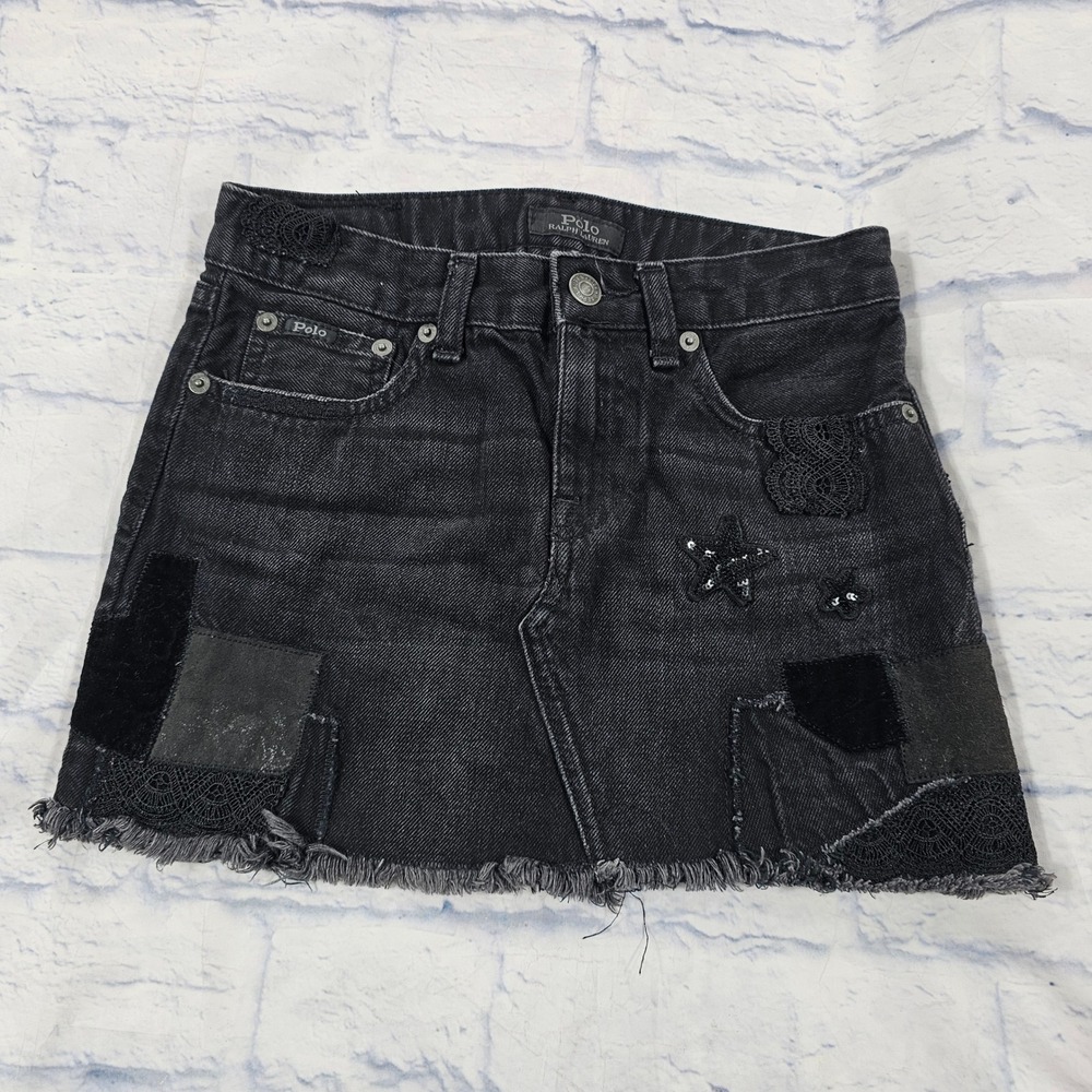 Polo Ralph Lauren Denim Skirt Girls 10 Black Patchwork Lace Sequin Star